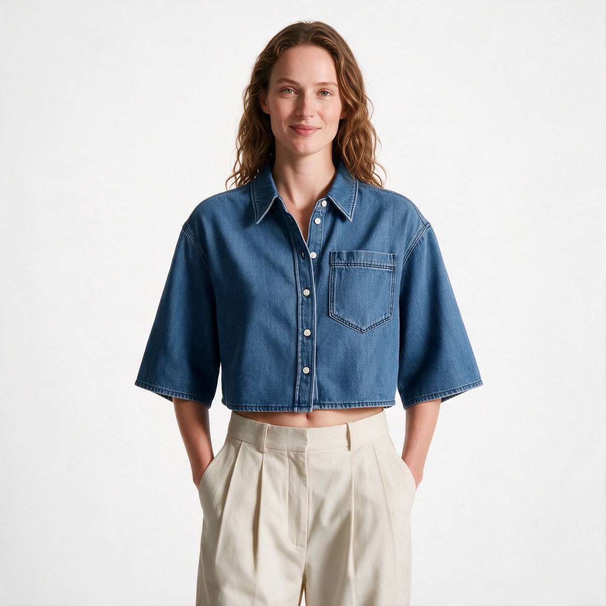 Imily Bela Dames Cropped Blouse met Korte Mouwen en Borstzak