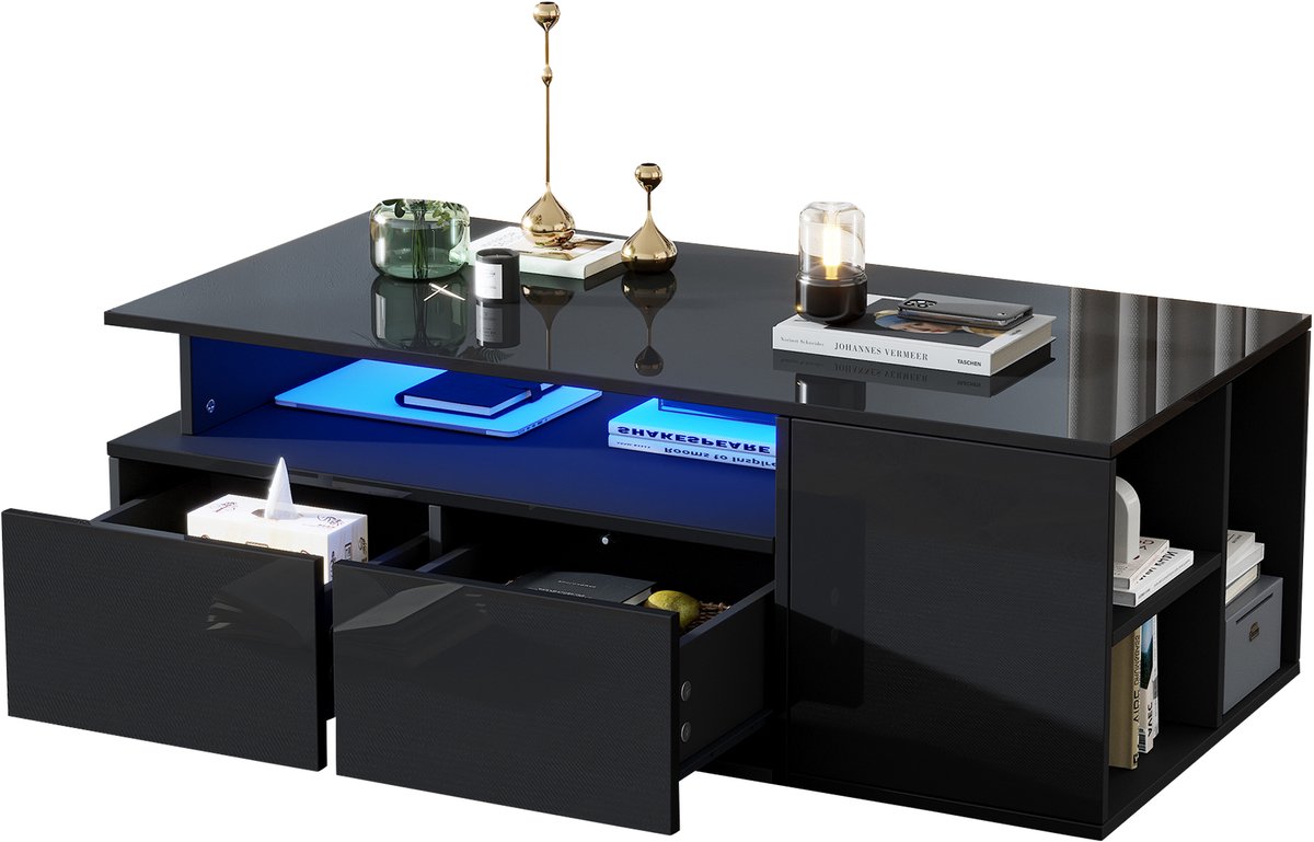 Ropilly Salontafel Zwart - Koffietafel Hoogglans - Led Verlichting App - Twee Lades - 60kg Draagvermogen - Moderne Woonkamer - 100x50x35 cm - Zwart