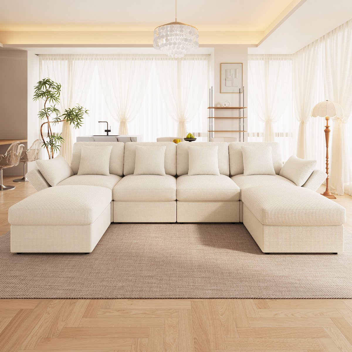 VVBV Hoekbank 290x159,5x89 cm - Modulair Ontwerp, Verstelbare Armleuningen - Beige, Ribstof