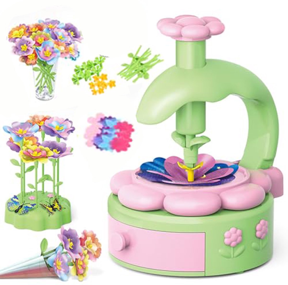 Boeket knutselset - DIY bloemenknutselset voor kinderen - Bloemenpersboeket met bloemenmachine - Knutsel- en leerspeelgoedset - Cadeau voor meisjes van 3, 4, 5, 6, 7 jaar en ouder