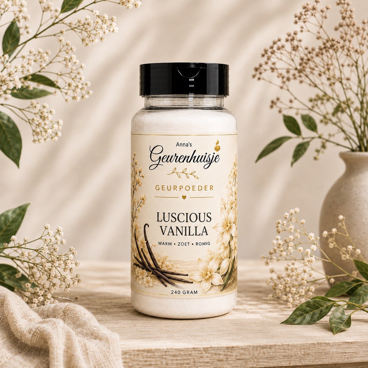 Anna's Geurenhuisje - Geurpoeder Luscious Vanilla - Premium - Handmade - Voor Tapijt, Bank, Auto, Camper, Caravan & Stofzuiger - 240 gram - dierproefvrij - verfrissend - langdurige geurafgifte