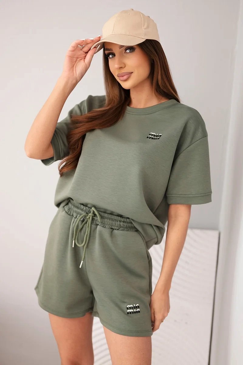 Dames kledingset T-shirt met korte broek kaki maat M