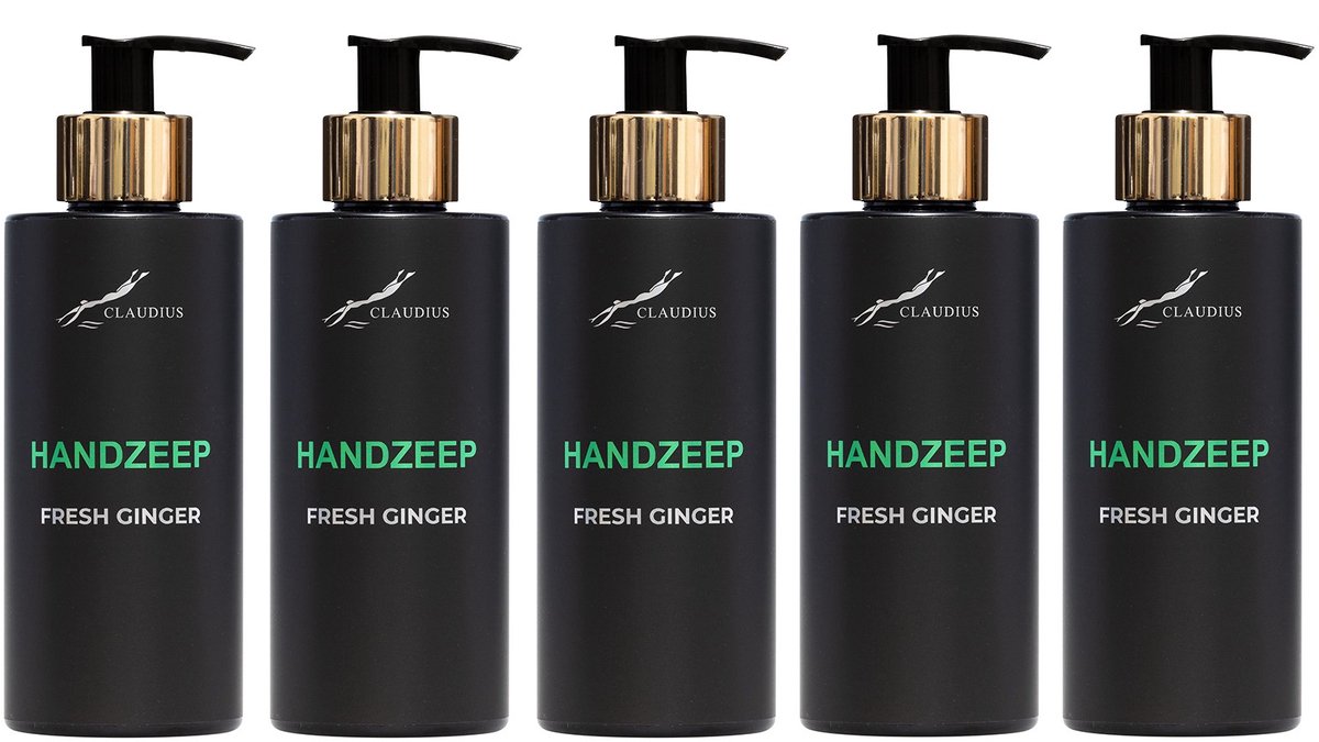 Handzeep Fresh Ginger 300 ml - met gouden pomp - zwarte fles - set van 5 stuks - Voordeelverpakking