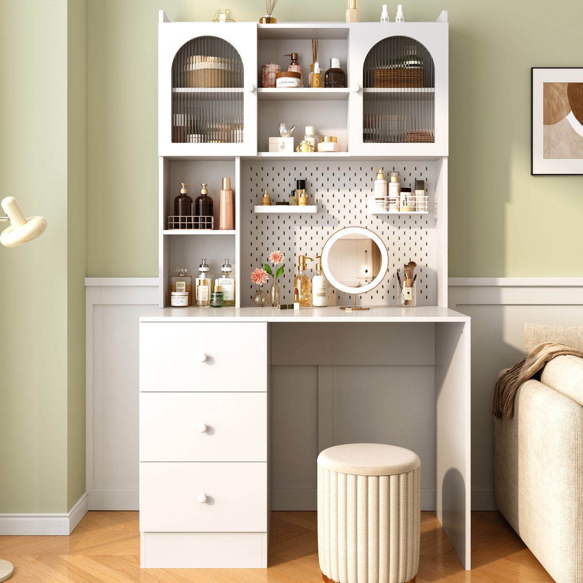 VVBV Bureau 100x55x180 cm - 3 Lades, Met Boekenkast, Geïntegreerde Kast, Pinnwand - Wit, Glas/MDF