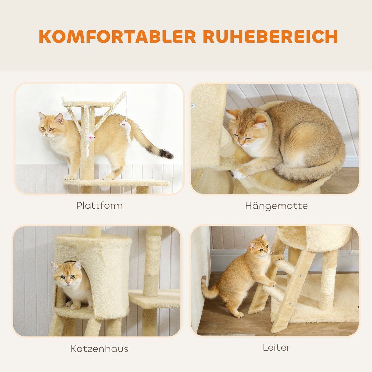 Krabpaal met grot-4 speeltjes-sisalpalen-groot platform-trapje-voor katten tot 5 kg-beige thumbnail 6