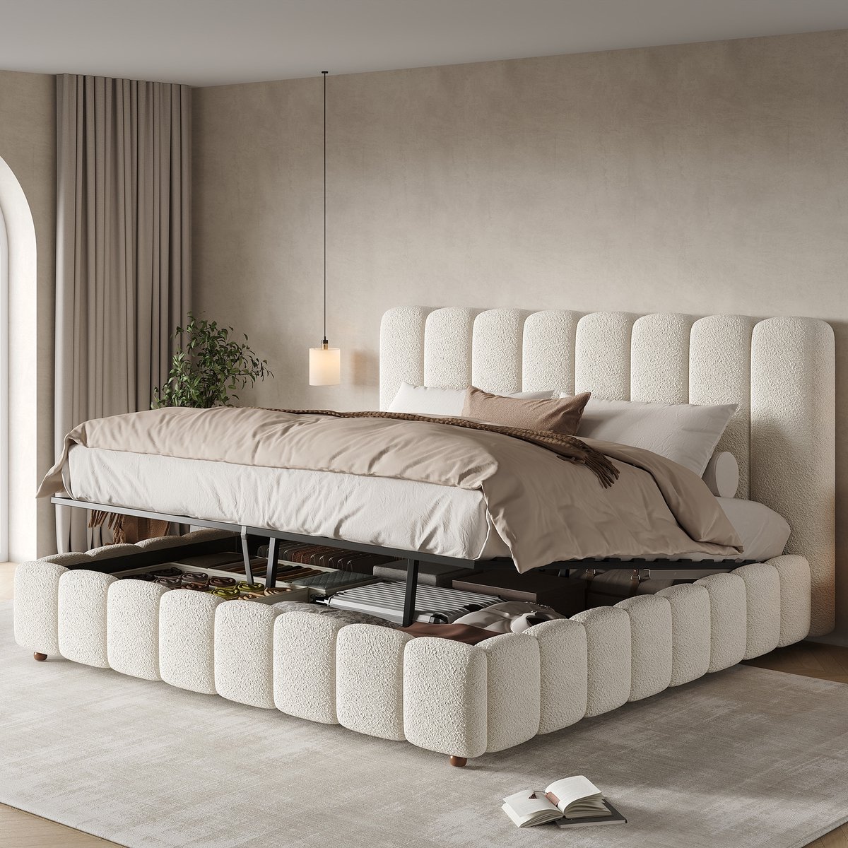 PHOEBE CAT Tweepersoonsbed - 180 × 200 cm - Gestoffeerd hoofdeinde - Opbergruimte - Bouclé-stof - Wit