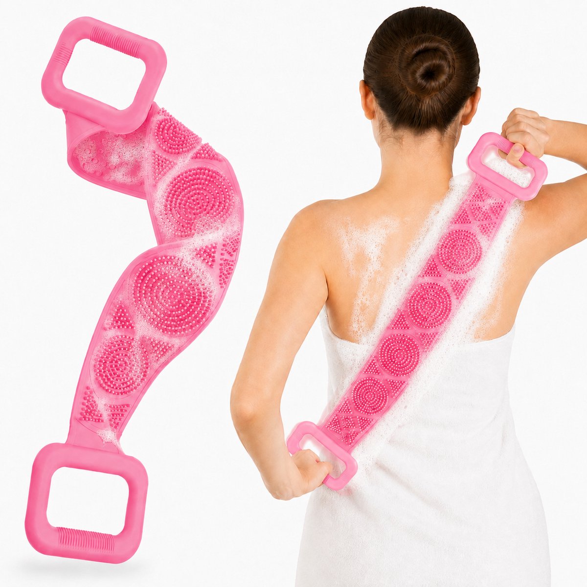 Namajunas - badborstel - 70 cm siliconen rugborstel - doucheborstel - lichaamsborstel - siliconen borstel - dubbelzijdig - rug scrubber - massage huidborstel - bad & douche - scrubber voor exfoliatie en reiniging - verzorging - roze