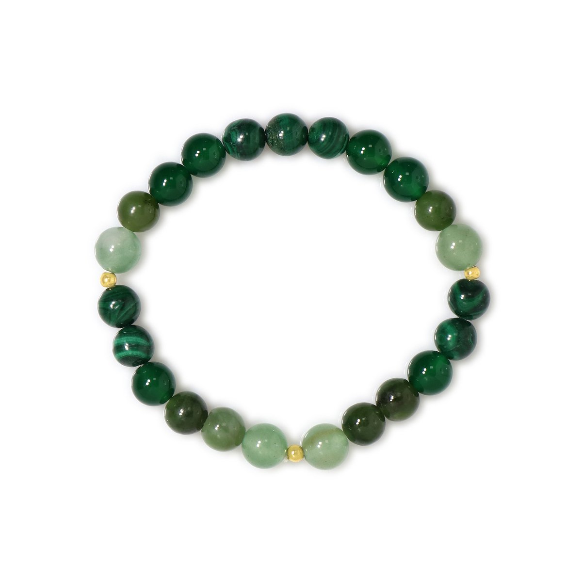 Cavill - Armband met Malachiet, Groene Onyx & Aventurijn - Handgemaakte Edelsteenarmband - Natuurlijke Groene Tinten & Gouden Accenten - 18 cm