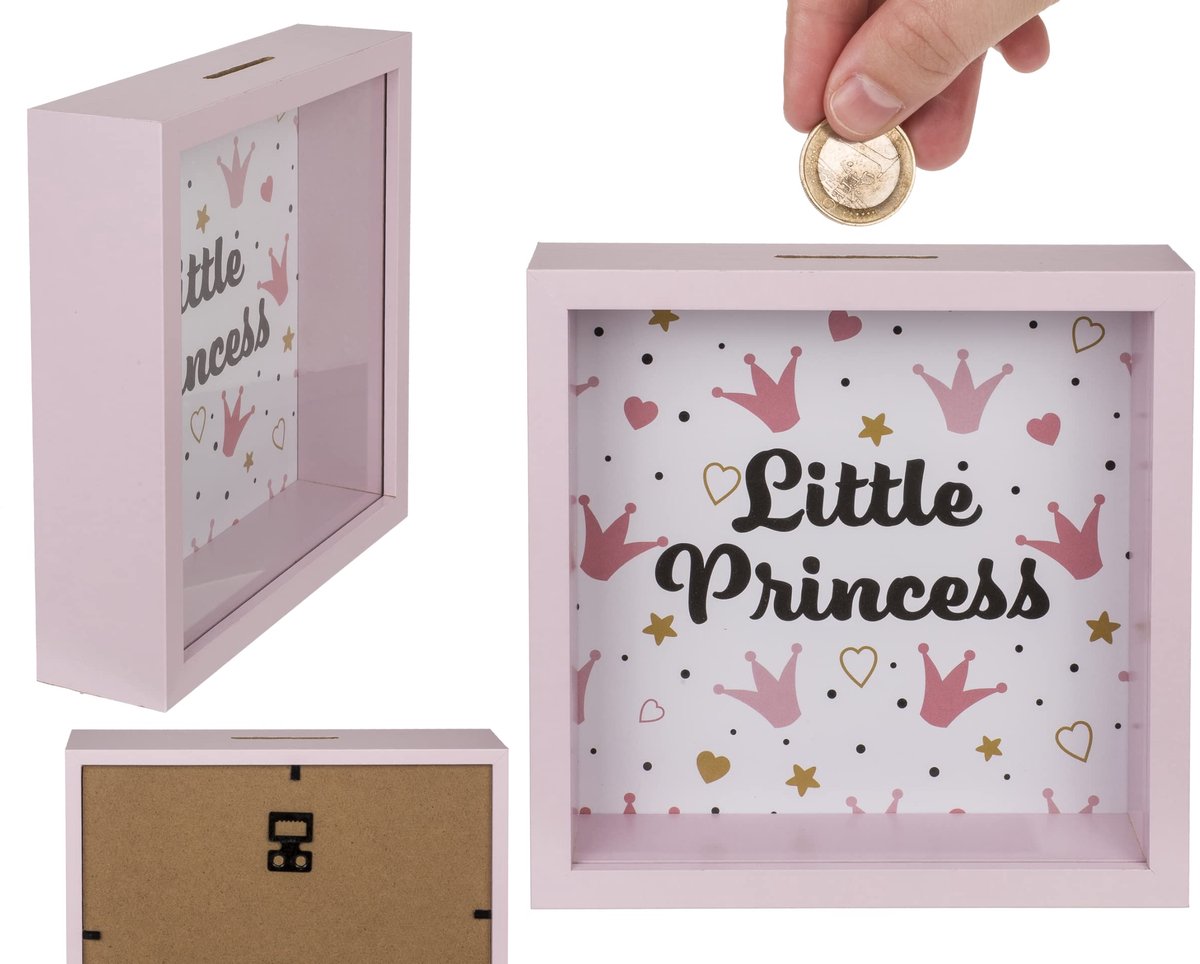 Houten spaarpot, Princess, met frame, ca. 20 x 20 cm, roze - ShopVlot