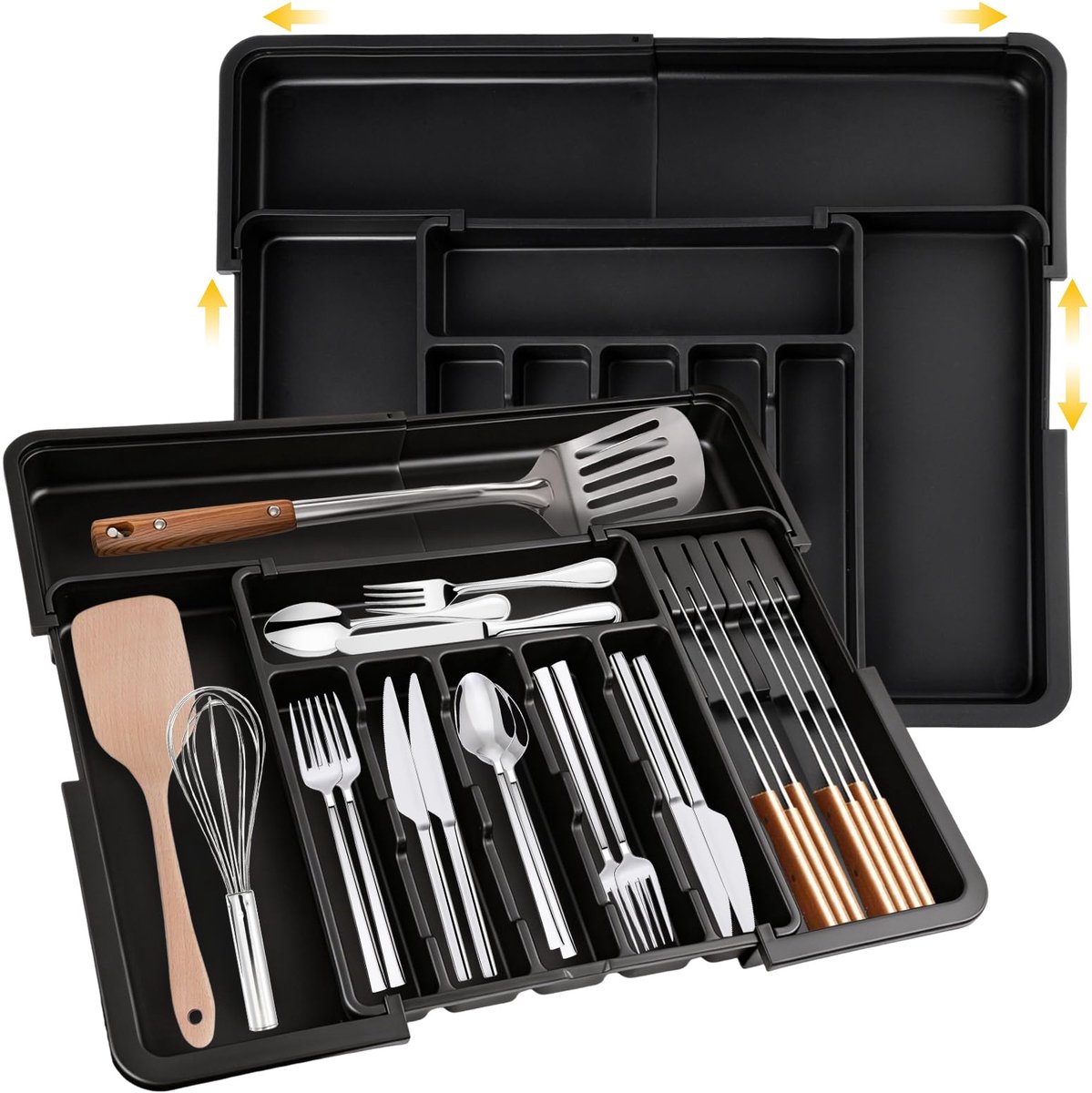 Famanu – Set van 2 bestekbakken voor laden, verstelbare organizer met messenblok, 56 x 48 cm, ideaal voor keukenladen