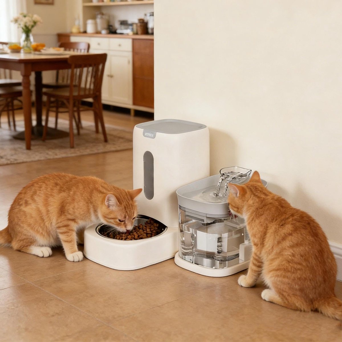 Automatische voerbakset inclusief waterdispenser en voerbak met zwaartekrachttoevoer grote roestvrijstalen voerbak gemakkelijk schoon te maken geschikt voor katten en honden . Waterdispenser 1,8 liter voerbak 3,6 liter Grijs