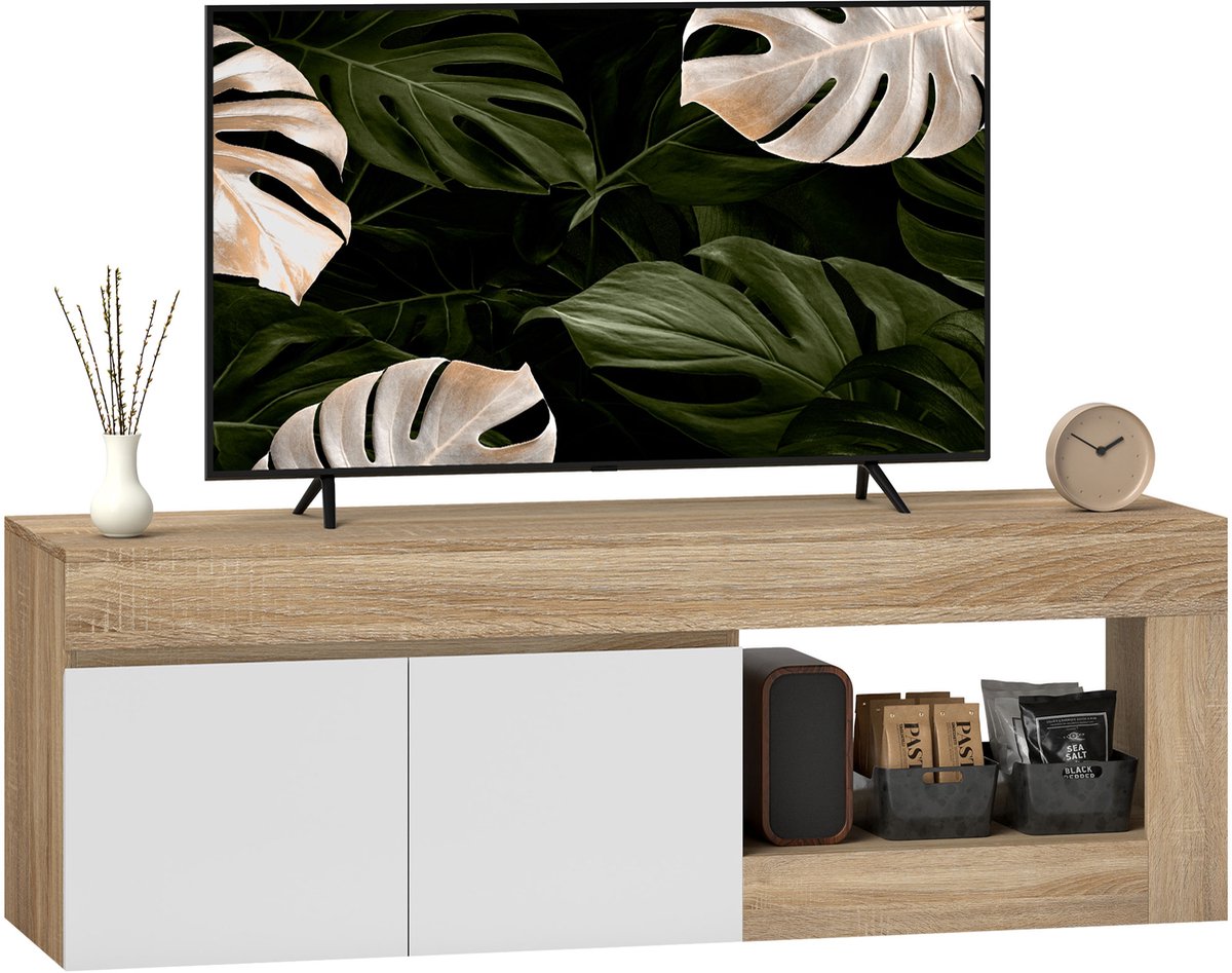 Sogiol® Modern Tv-meubel 140 cm - met 2 deuren en een open vak voor een 60-inch televisie - 140x40x48 cm - wit en naturel