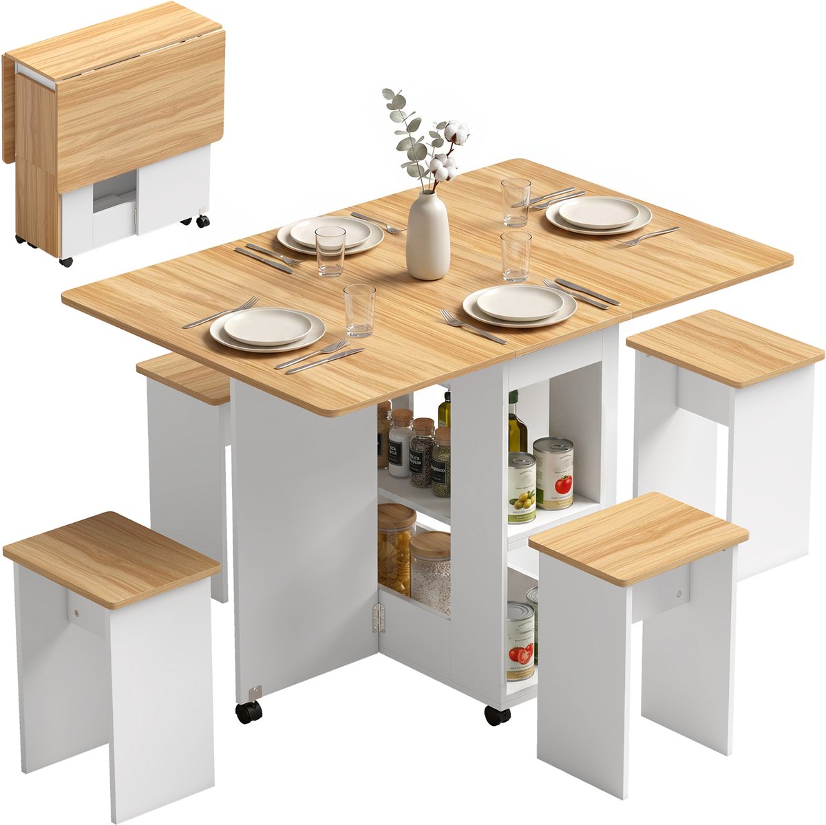 HOMCOM Eettafelset - Spaanplaat - 120 x 80 x 81,5 cm - Eikenhout
