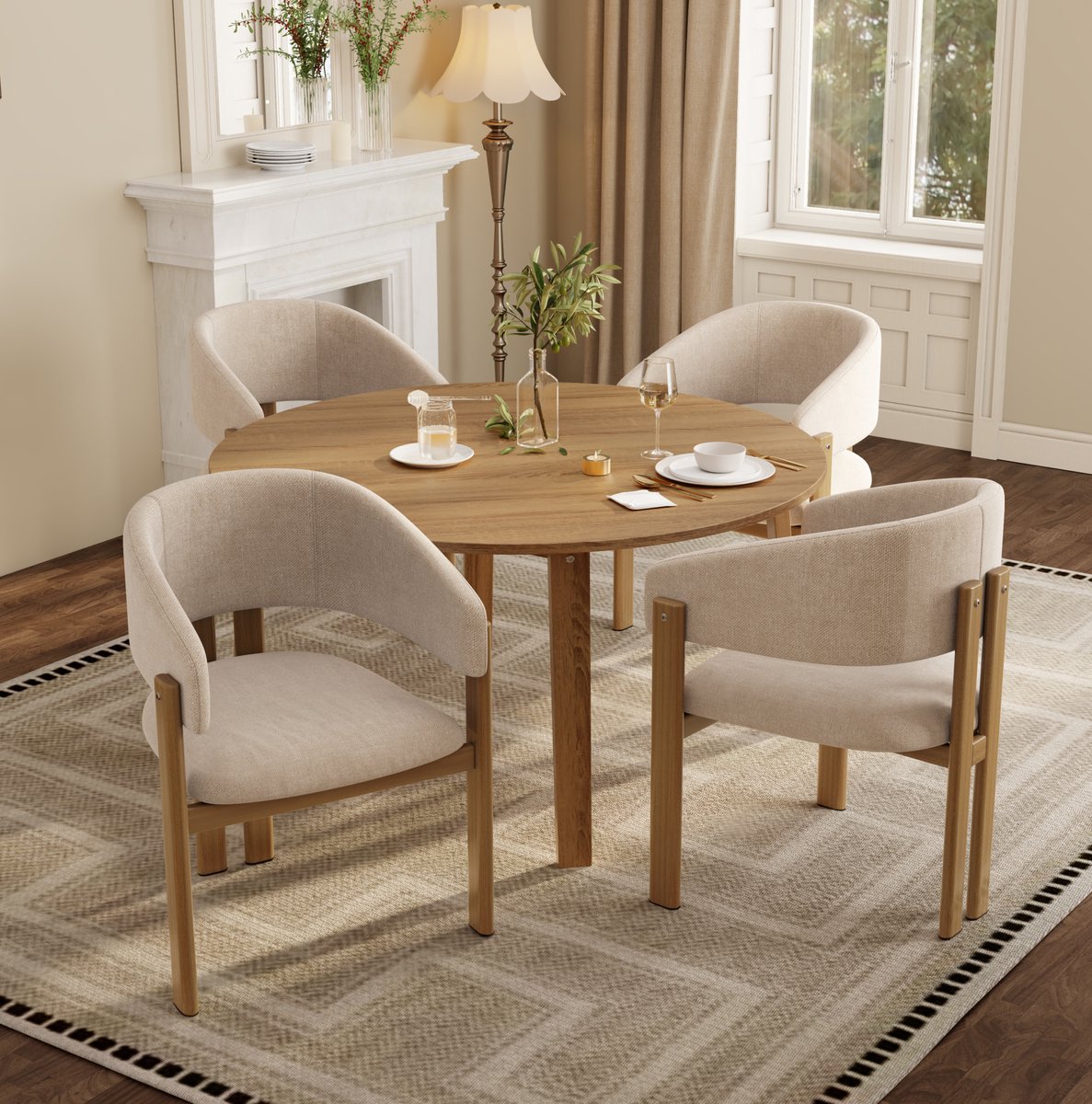 STILVORA Eetkamerstoel Set van 4 - Met Armleuning - Houtlook Metalen Frame - Voor Eetkamer, Woonkamer En Café - Linnen - Beige