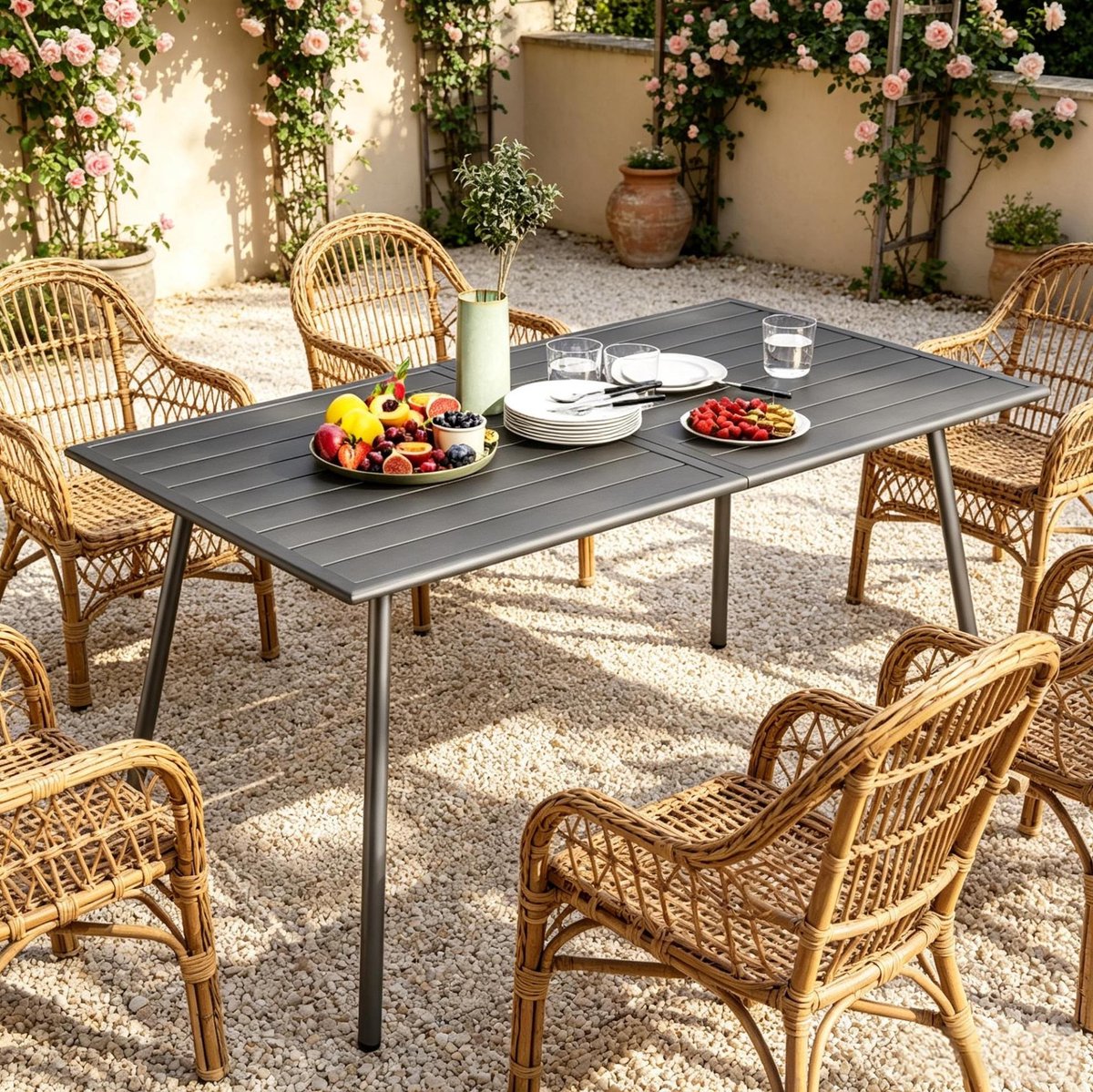 FloraGrace Tuintafel - Rechthoekige Eettafel Voor 6 Personen - Voor Tuin, Terras En Balkon - Staal - 150 x 80 x 74 Cm - Grijs