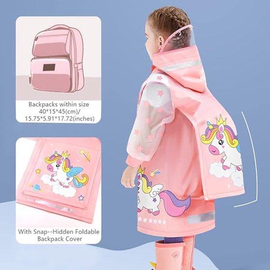 Roze regenjas met eenhoornprint en verborgen rugzakhoes, reflecterende strepen op capuchon en zoom.
