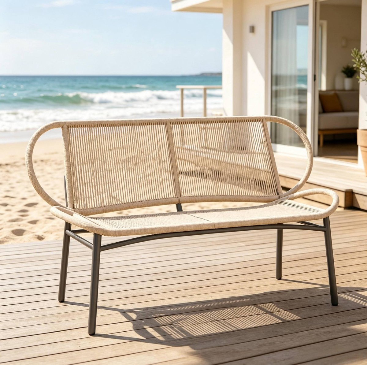 Tuinbank 2-Zits 138 Cm Geweven Design Met Hoge Rugleuning Voor Tuin Terras En Balkon Rattan Metaal Zwart