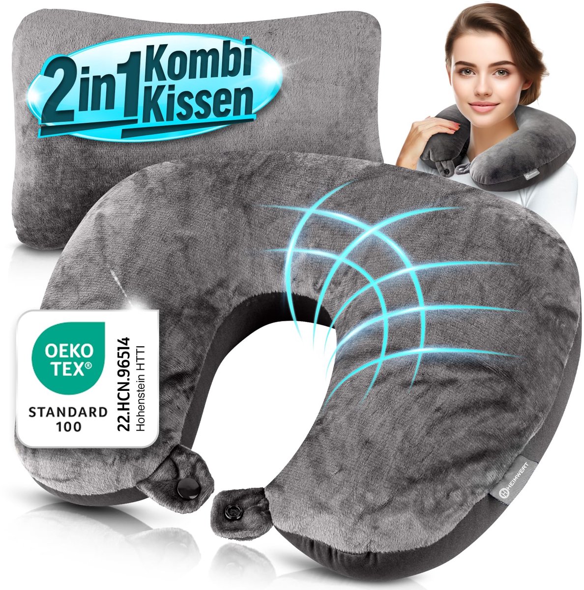 Heimwert Reiskussen, 2-in-1 nekkussen, steunkussen, nekkussen, 37 x 27 cm, reiskussen voor vliegtuig, camping, reizen - ShopVlot