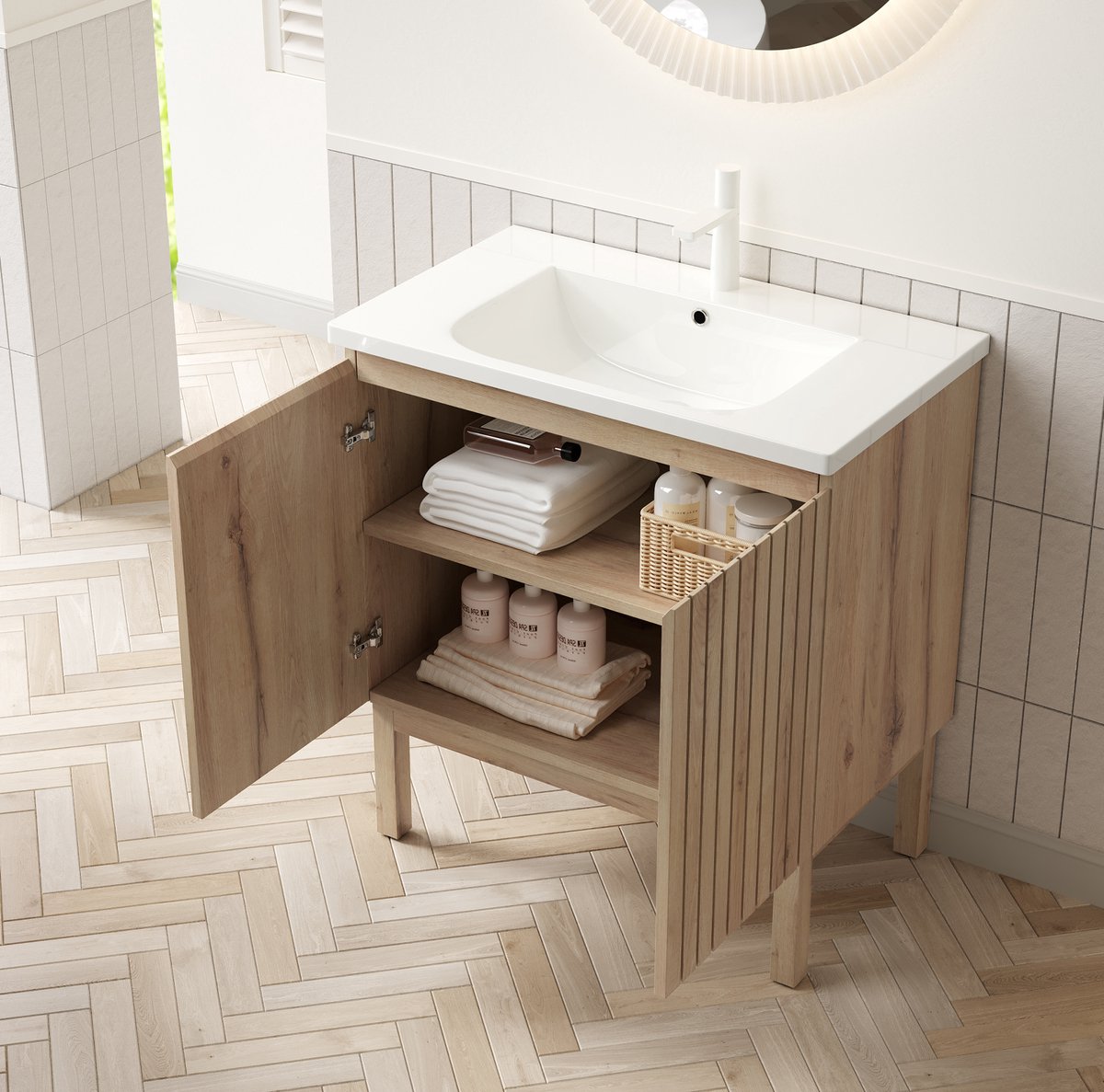 MIVRAY Badkamerkast - Vrijstaand Waschtafelmeubel Met Keramische Wastafel En 2 Deuren - Voor Badkamer En Wastafel - Wit Eiken - 80 Cm