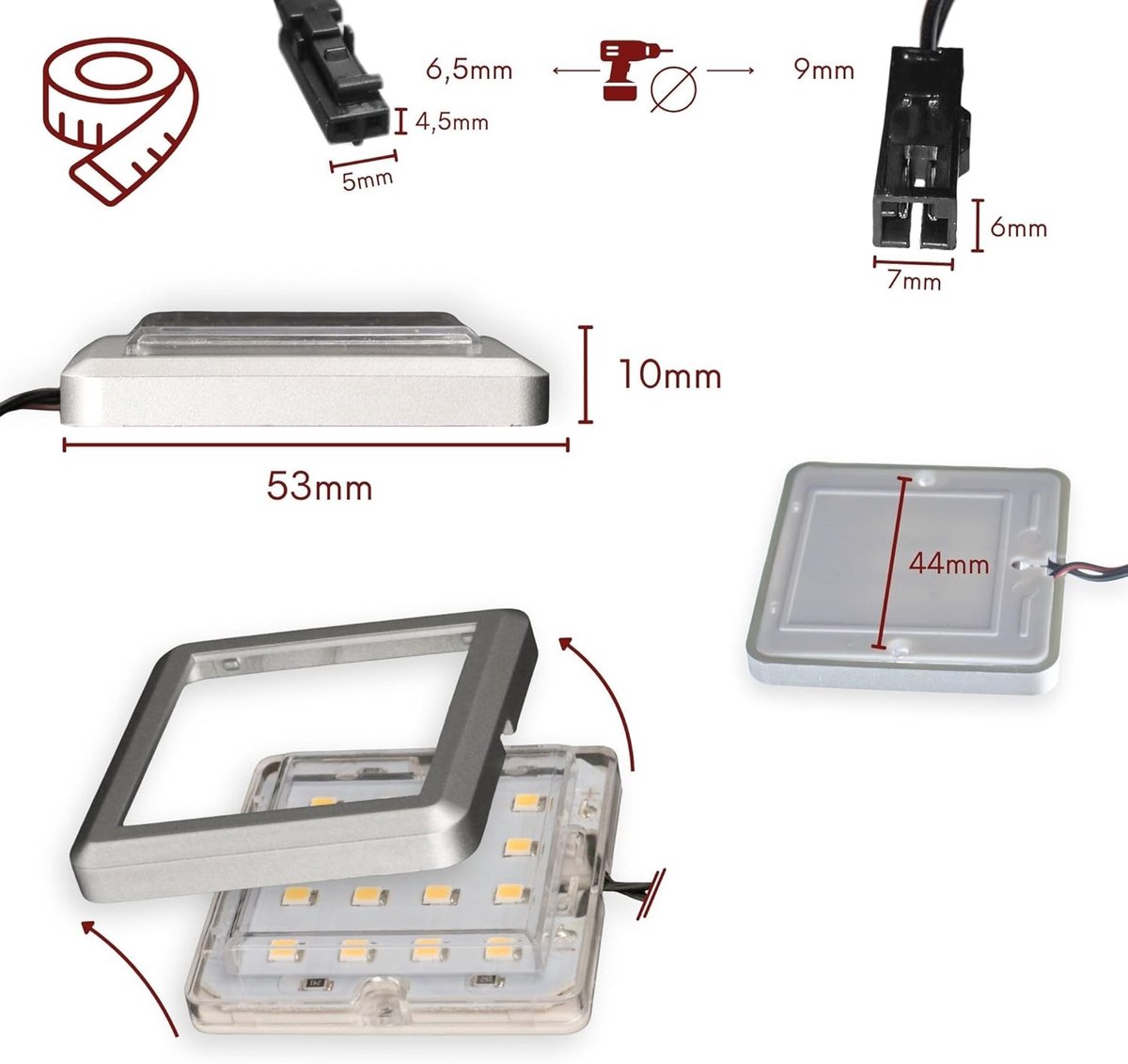 LED Spot voor Vitrine - Mat Zilver - 53 x 53 x 10 mm - Uitbreidbaar en Dimbaar - Voor Vitrines en Kasten