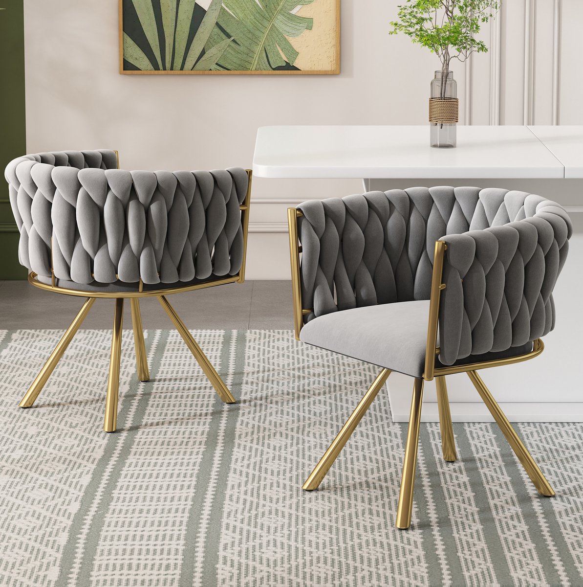 OKWISH Eetkamerstoel – Draaibare 6-Delige Set – Met Armleuningen En Fluwelen Bekleding – Voor Eetkamer En Woonkamer – Metaal – Grijs
