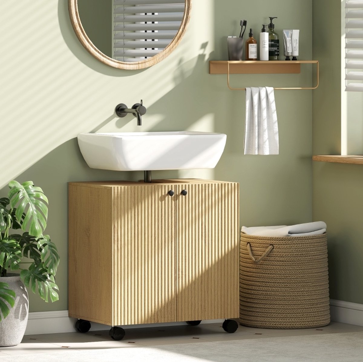 MIVRAY Wasbakonderkast - Verstelbare Planken En Soft Close Deuren - Voor Badkamer En Wastafel - Natuurlijk Hout - 60 X 39,8 X 62 Cm