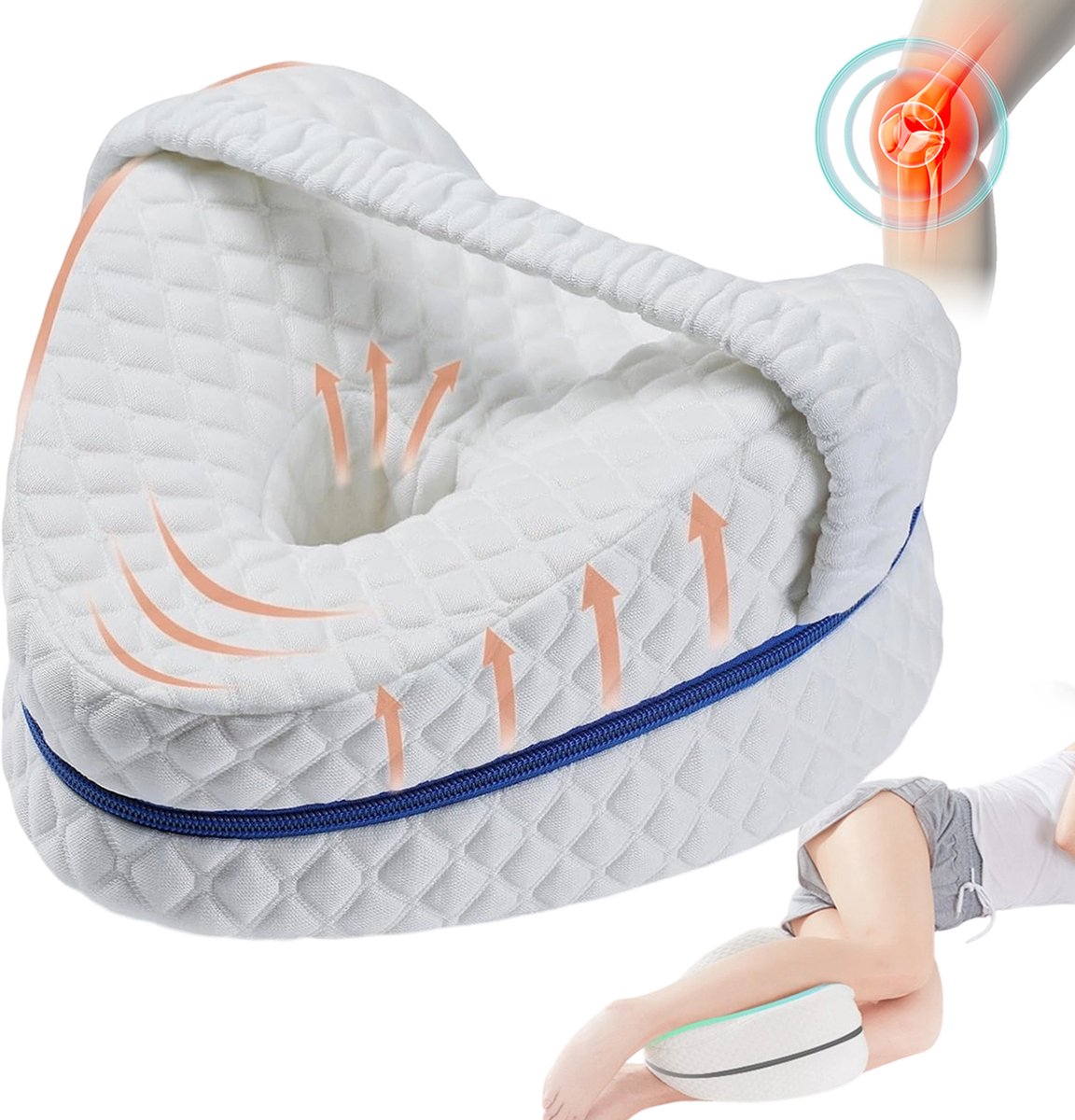 Kniekussen Traagschuim - Beenkussen voor Zijslapers - Hartvormig Ergonomisch Ontwerp - Elastische Bevestigingsband - Ademend Lyocell Hoes - Afneembaar en Wasbaar - Voor Slapen, Bed, Bank en Reizen