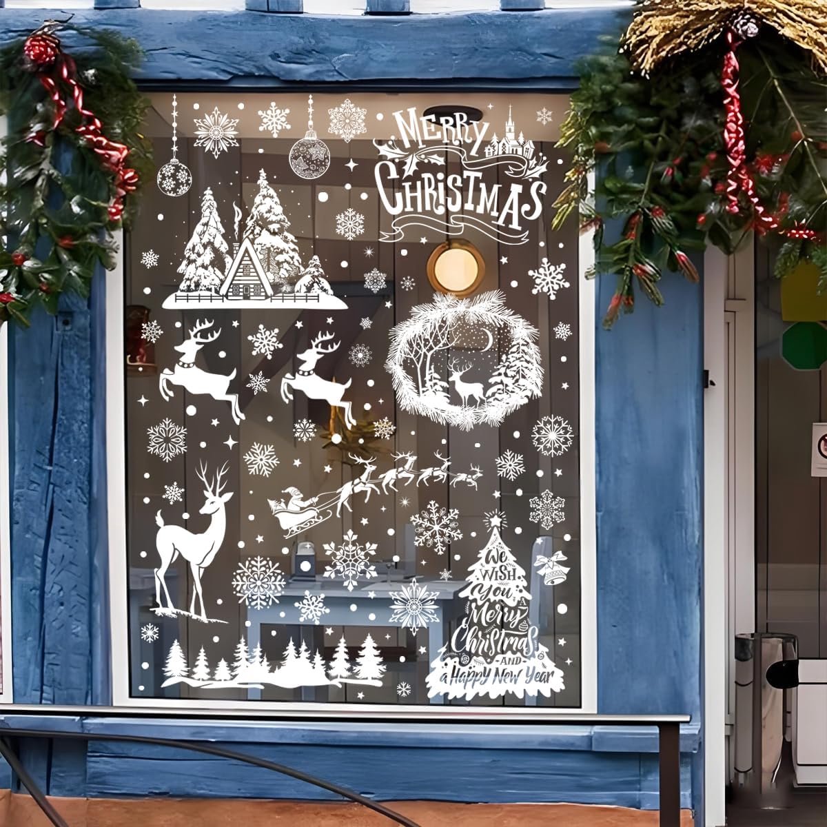 Zelfklevende Kerst Raamsticker Met Sneeuwvlok En Rendier - Winter Decoratie Voor Glas En Deur - DIY Kerstversiering Voor Winkelruit En Huis