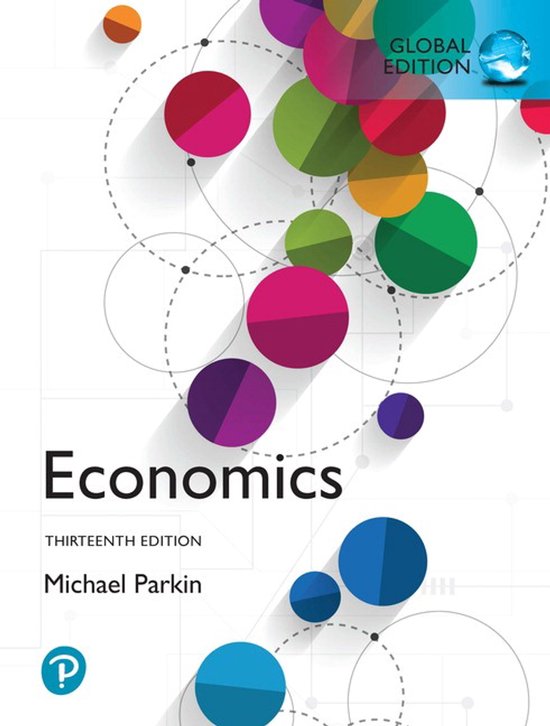 Boekomslag 'Economics', dertiende editie, Global Edition, van Michael Parkin, met cirkels in regenboogkleuren en een wereldbol.