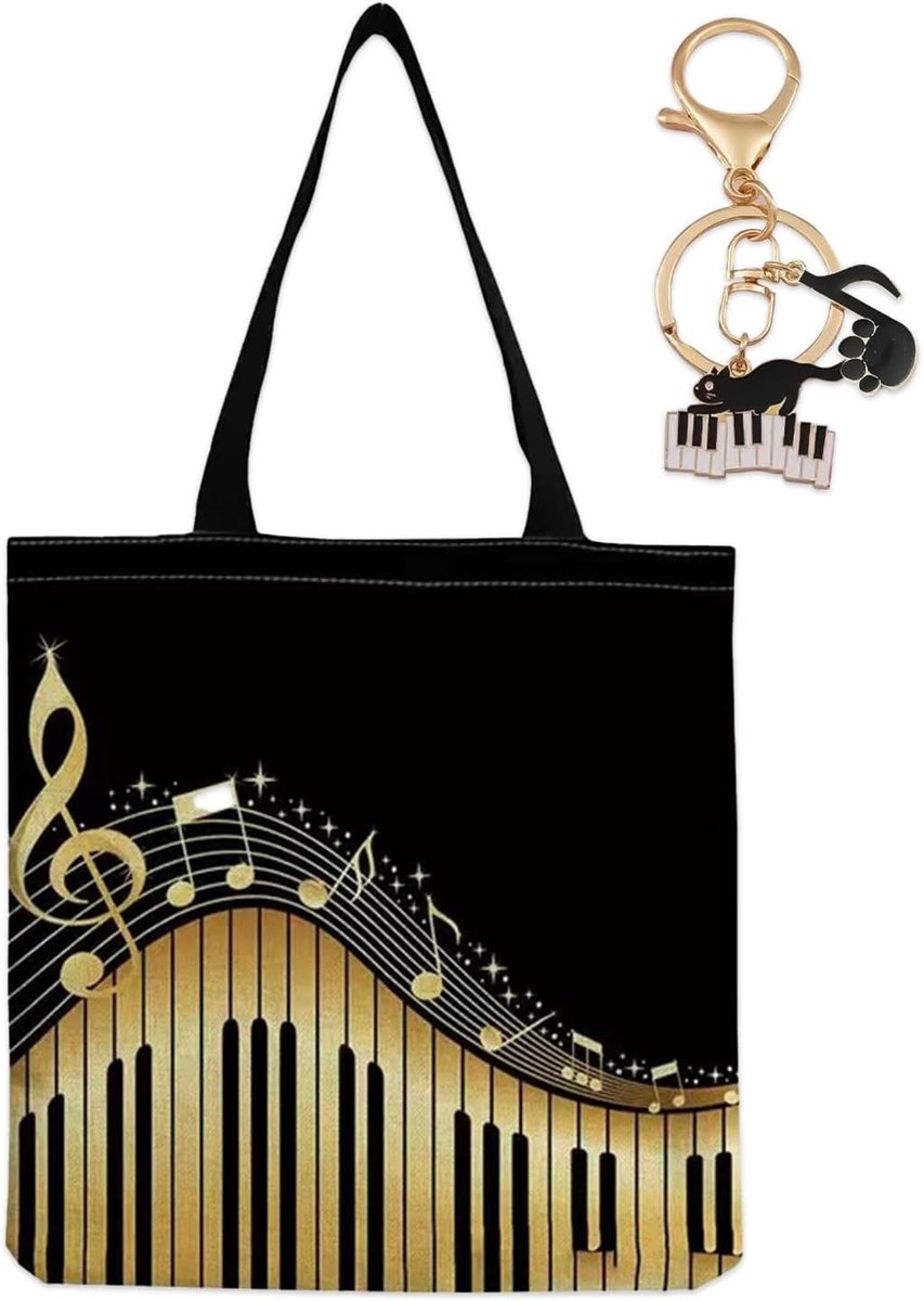 Herbruikbare Katoenen Tas met Muziekpatroon, Notenbalk en Muziekinstrumenten, 38 x 40 cm, Ideaal voor Boodschappen en Dagelijks Gebruik