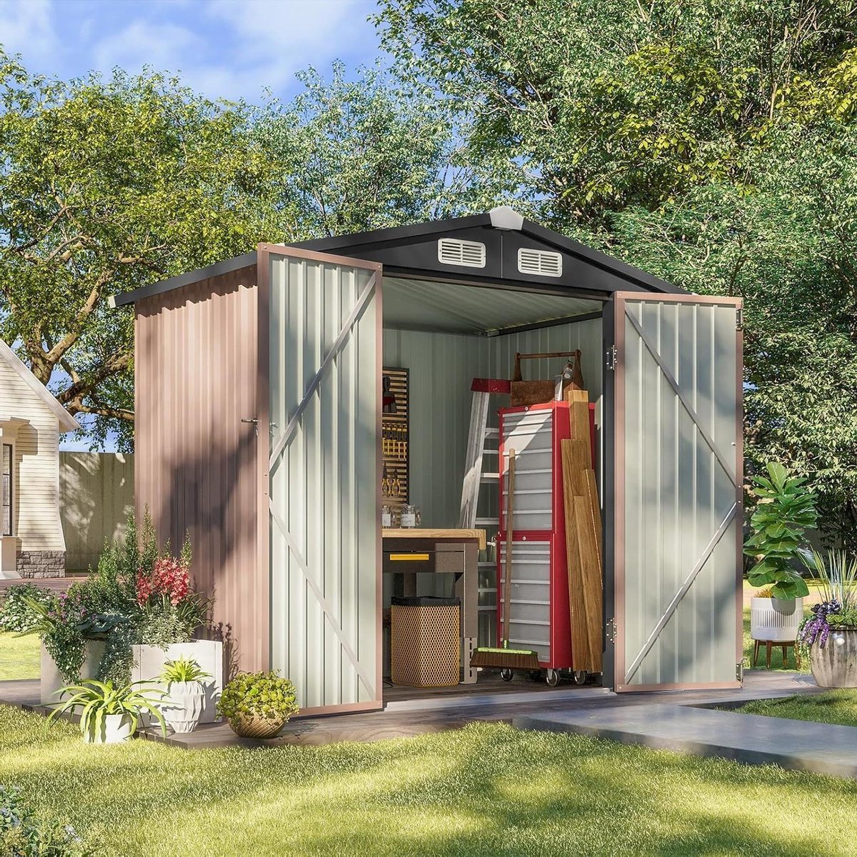 Tuinhuisje Metaal - Opbergschuur Buiten - Tuinspullen Opbergen - Weerbestendig Ontwerp - 18 x 12 m - Bruin