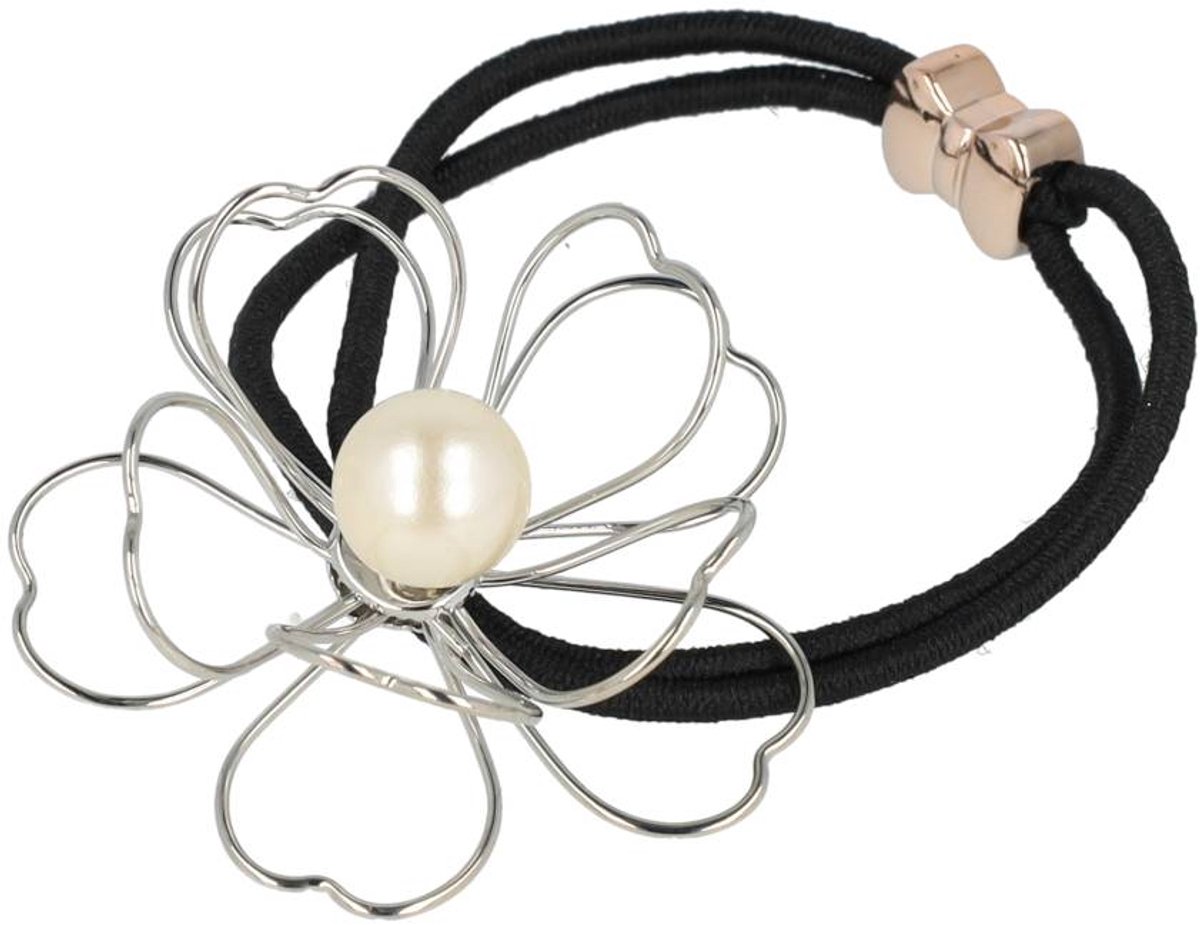 Haarsoires Haarelastiek – Bloem 5cm – Metaaldraad Parel – Zwart Wit Zilver