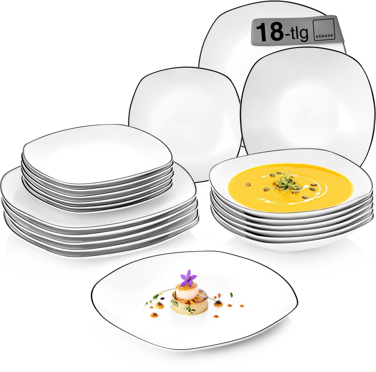 SÄNGER Porzellan Geschirrset Bilgola Black Rim 18 teilig für 6 Personen