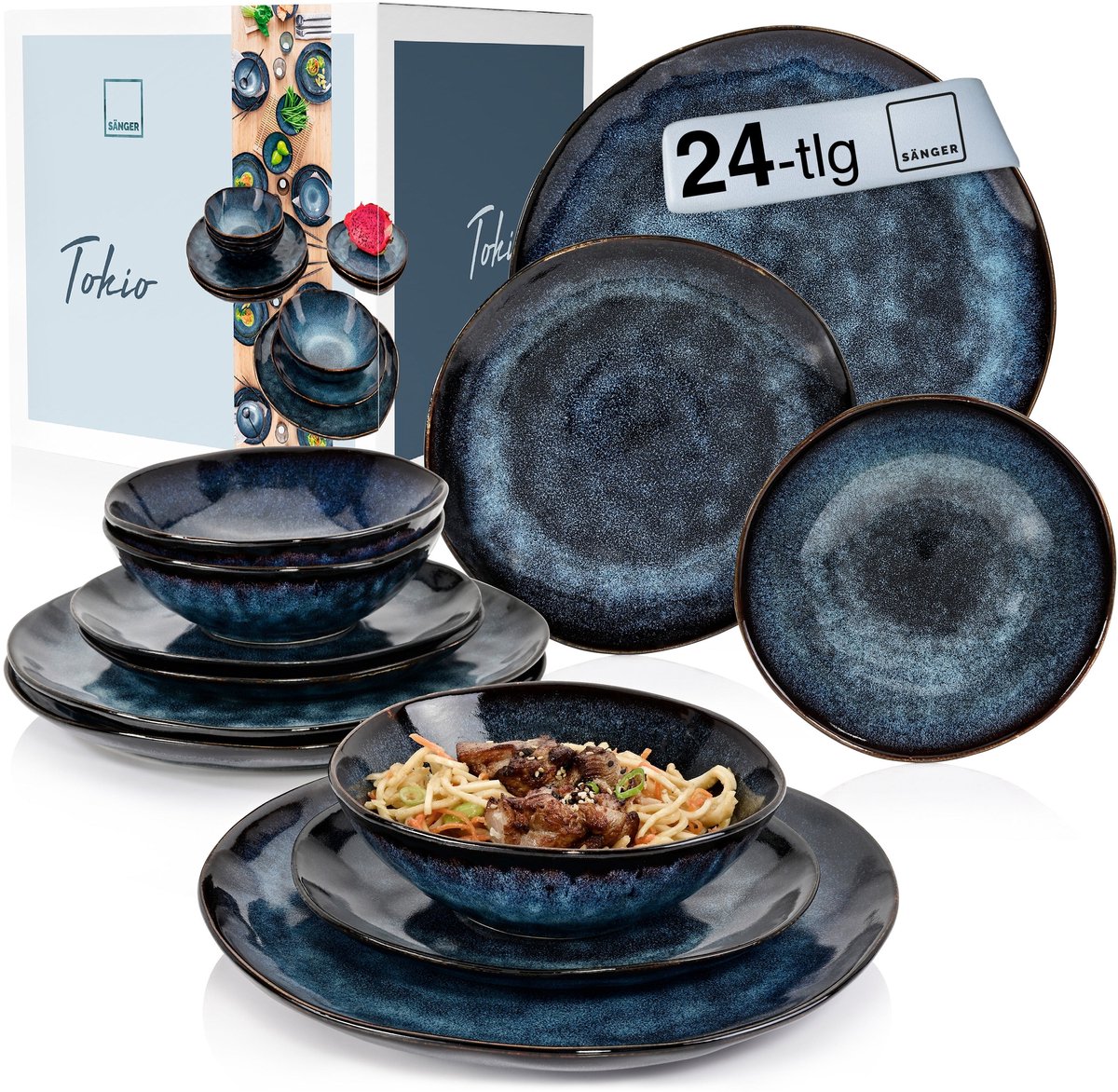 Sänger Aardewerk Serviesset - Combinatieservies - 24-delig - Donkerblauw - Handgemaakt en Stapelbaar
