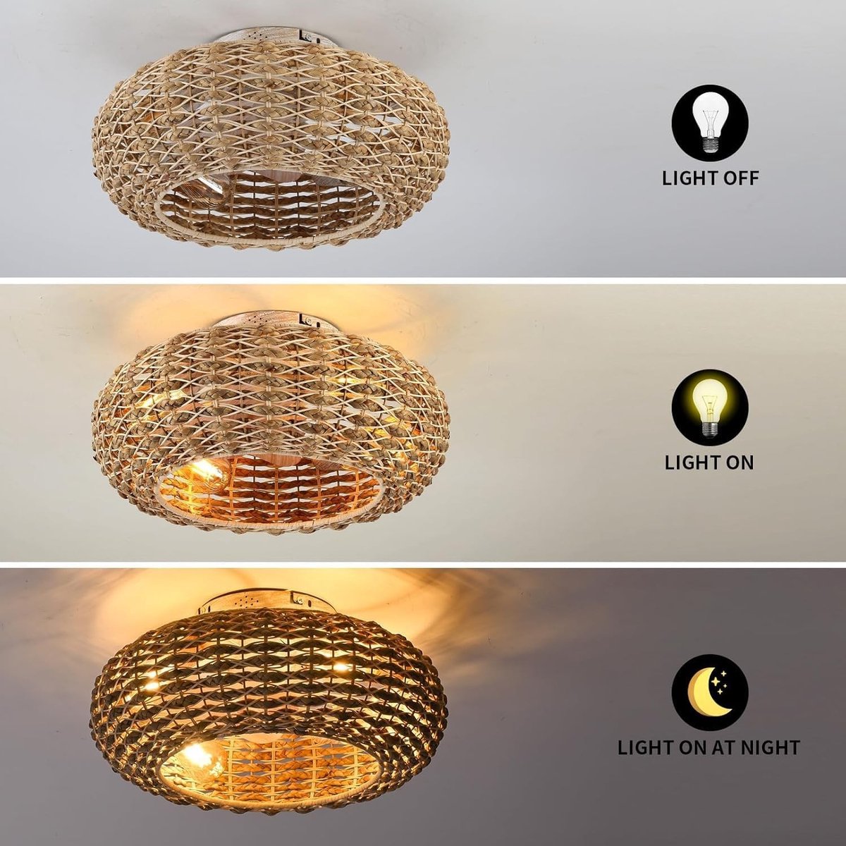 Plafondventilator met Verlichting - Donker - 50 x 23 cm - Handgeweven Rotan met Afstandsbediening - Voor Slaapkamer en Woonkamer