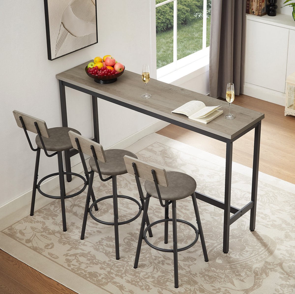 Wishdor Bartafelset - 3 Barstoelen met rugleuning en voetsteun - Industrieel design - Keuken woonkamer ontbijthoek - Metaal hout - Grijs zwart - 160 x 40 x 95,5 cm