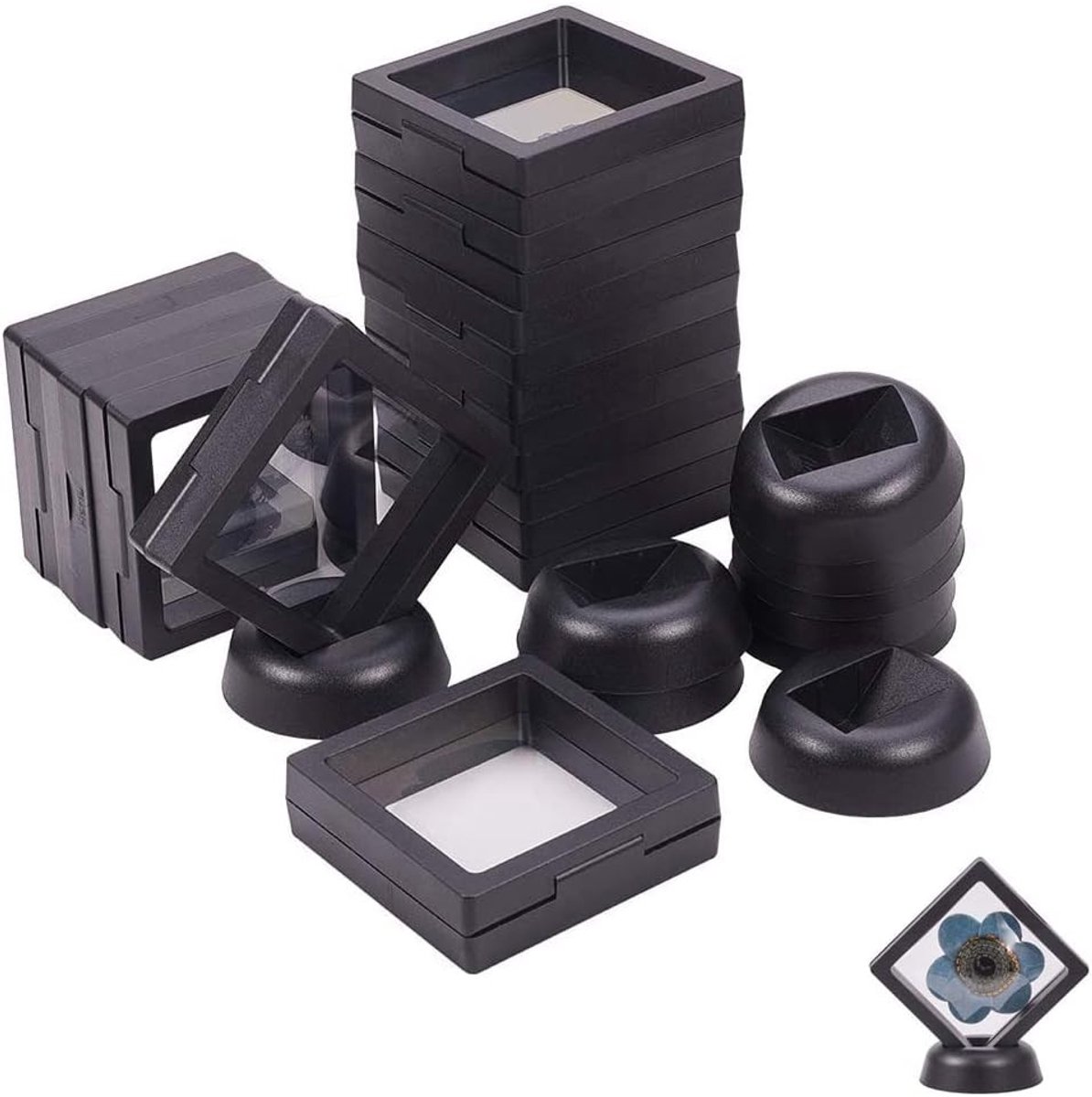 Zwevend Display Houder - Zwart - 90 x 90 x 20 mm - Transparant met Flexibele Films - Voor Sieraden en Souvenirs