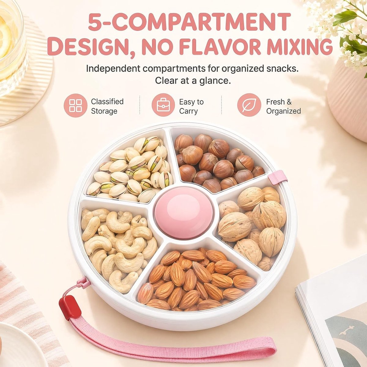 Snackbox Spinner - Roze - 18,3 x 18,3 x 6 cm - Draaibare Snackbox met Vakken - Voor Kinderen en Volwassenen