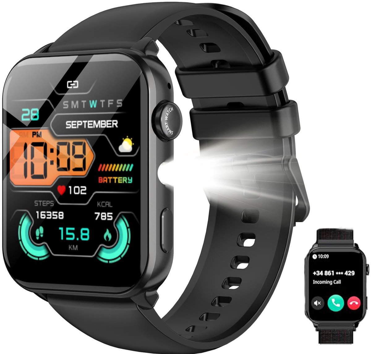 Blackview Smartwatch voor dames en heren - R30MAX Activity Tracker- LED Zaklamp -1,91-inch HD-fitnesstracker met Bluetooth-belfunctie - 24/7 hartslag- en slaapmonitor - Watch Geschikt voor Android en iOS - Zwart