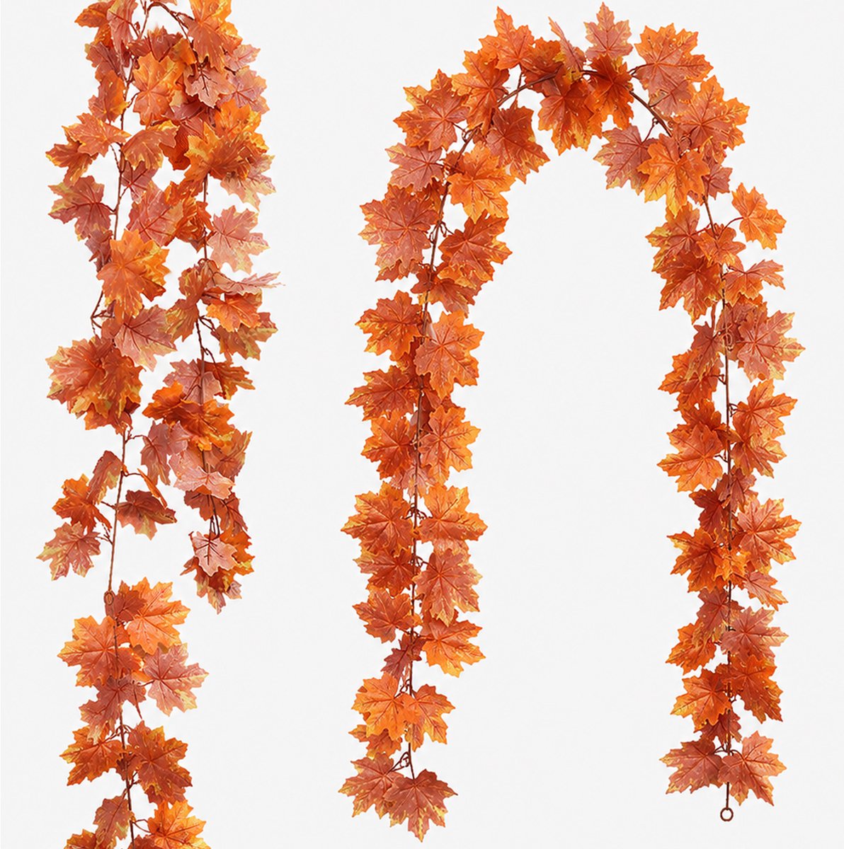 2 Stuks Kunstmatige Esdoorn‑bladeren Krans - 350cm Herfstdecoratie - voor Binnen en Buiten - Halloween en Thanksgiving Versiering - Realistische Herfstbladeren - Kunststof - eenvoudig op te Bergen - Oranje