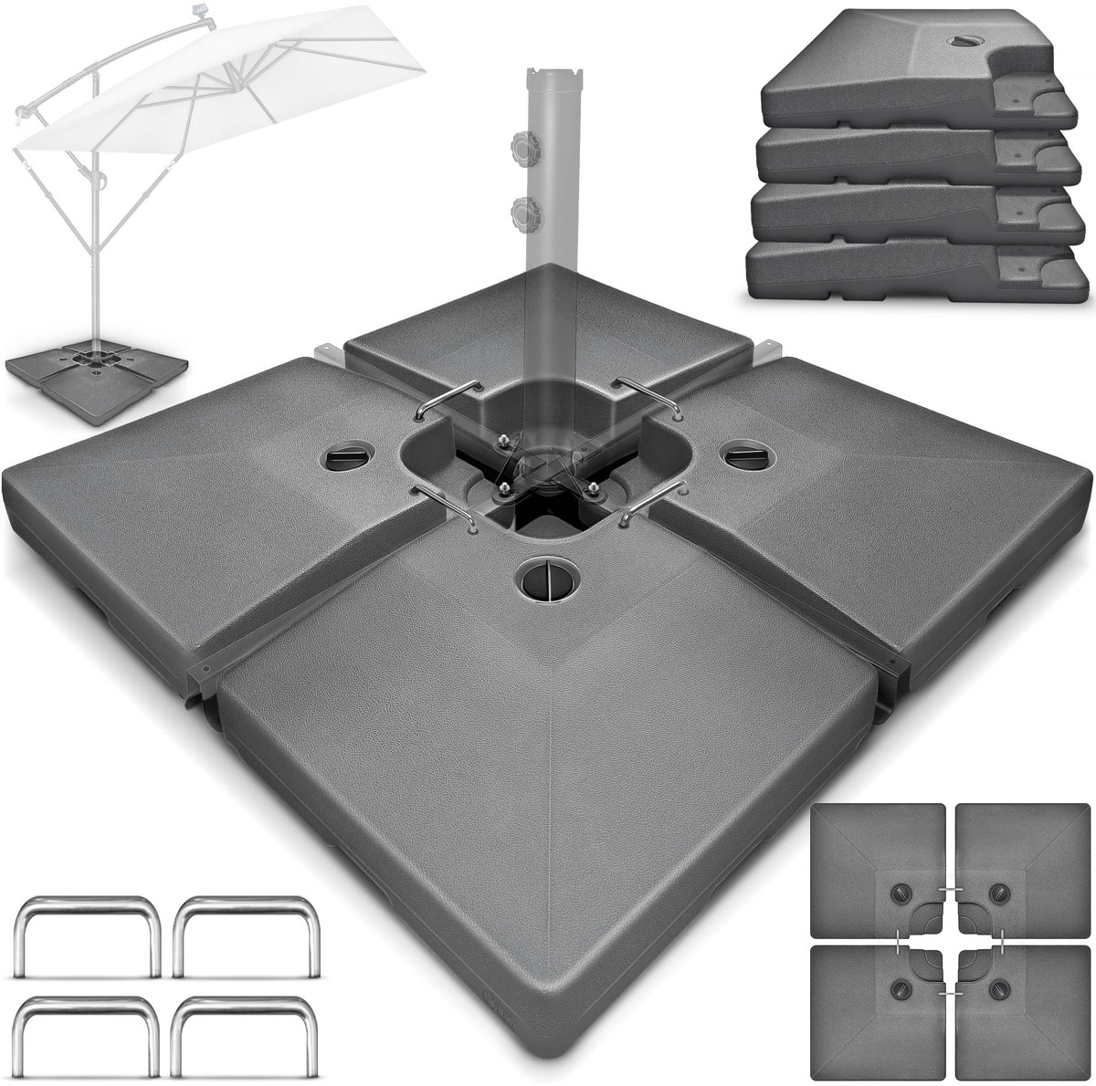 Famanu – Parasolstandaard 90 liter / 120 kg – 4-delig voor lantaarnpaal inclusief metalen verbinder, vulbaar met water of zand, weerbestendig