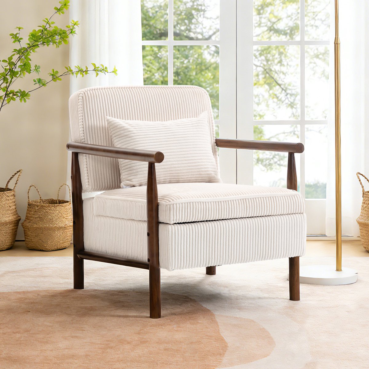 MUVANO Witte fluwelen fauteuil - Mid-century moderne accentstoel - Leesstoel met lendenkussen - 83x66x73 cm - Met opbergruimte - Slaapkamer Wit