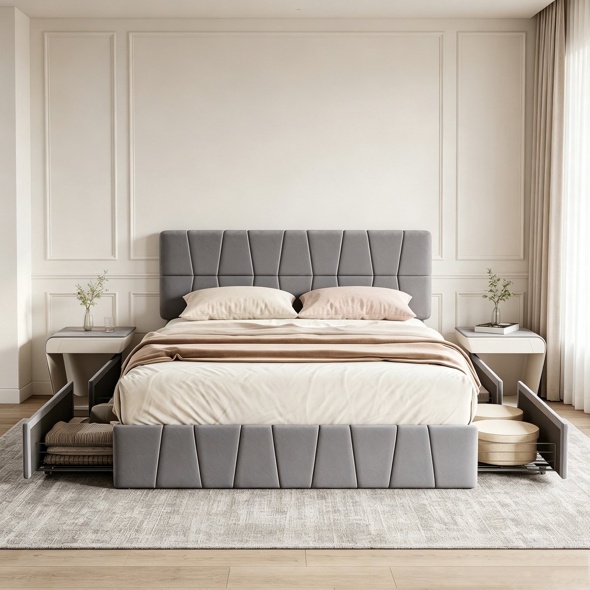 Gestoffeerd bed 160 x 200 - tweepersoonsbed - ledikant - bed - opberg bed - gestofeerd bed - tweepersoonsbed met opbergruimte - gestoffeerd bed met opbergruimte - Met 4 metalen lades - fluweel stof - grijs - Veilig Zachte Randen — cadeau in Cadeau-ideeën - foto 4