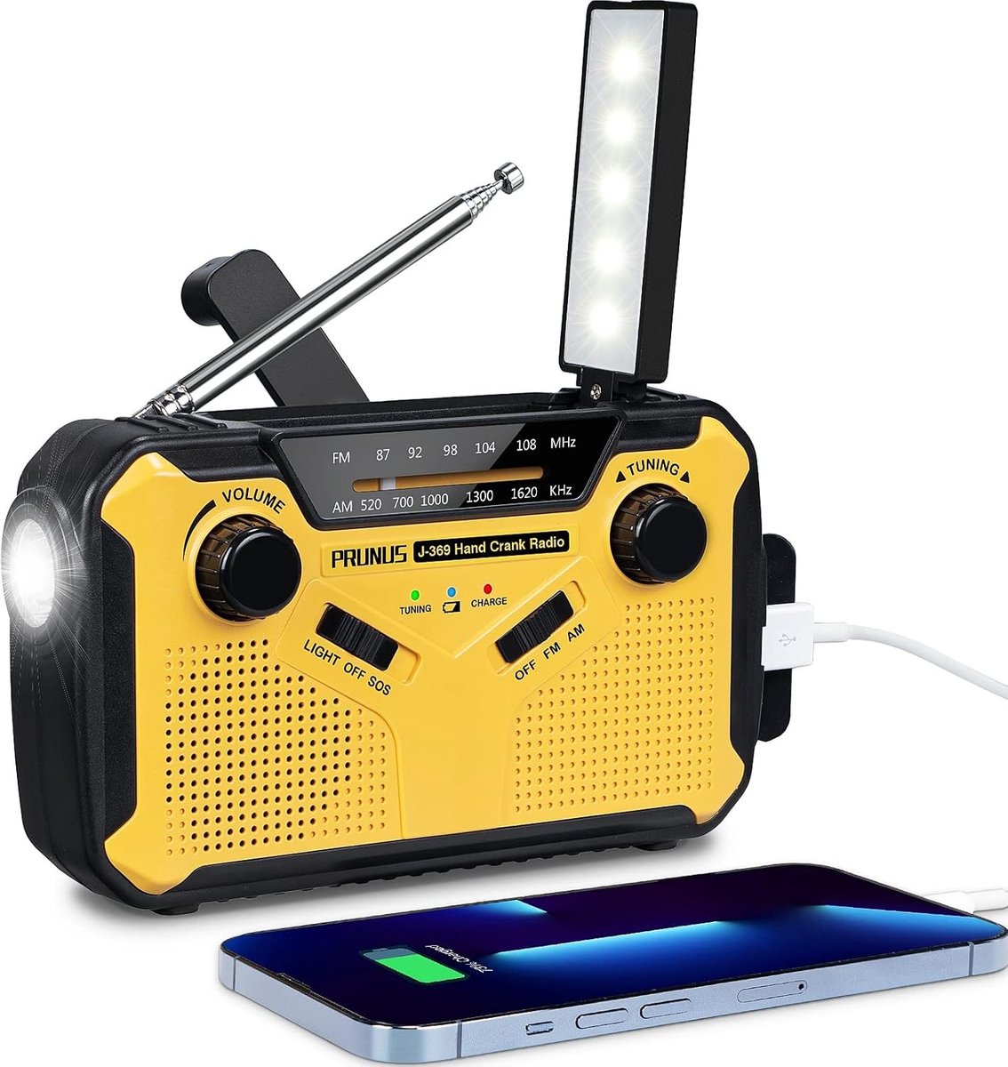 Draagbare Zwengelradio - Geel - Oplaadbaar met 3000 mAh Batterij - Multifunctionele Noodradio voor Kamperen en Stroomuitval
