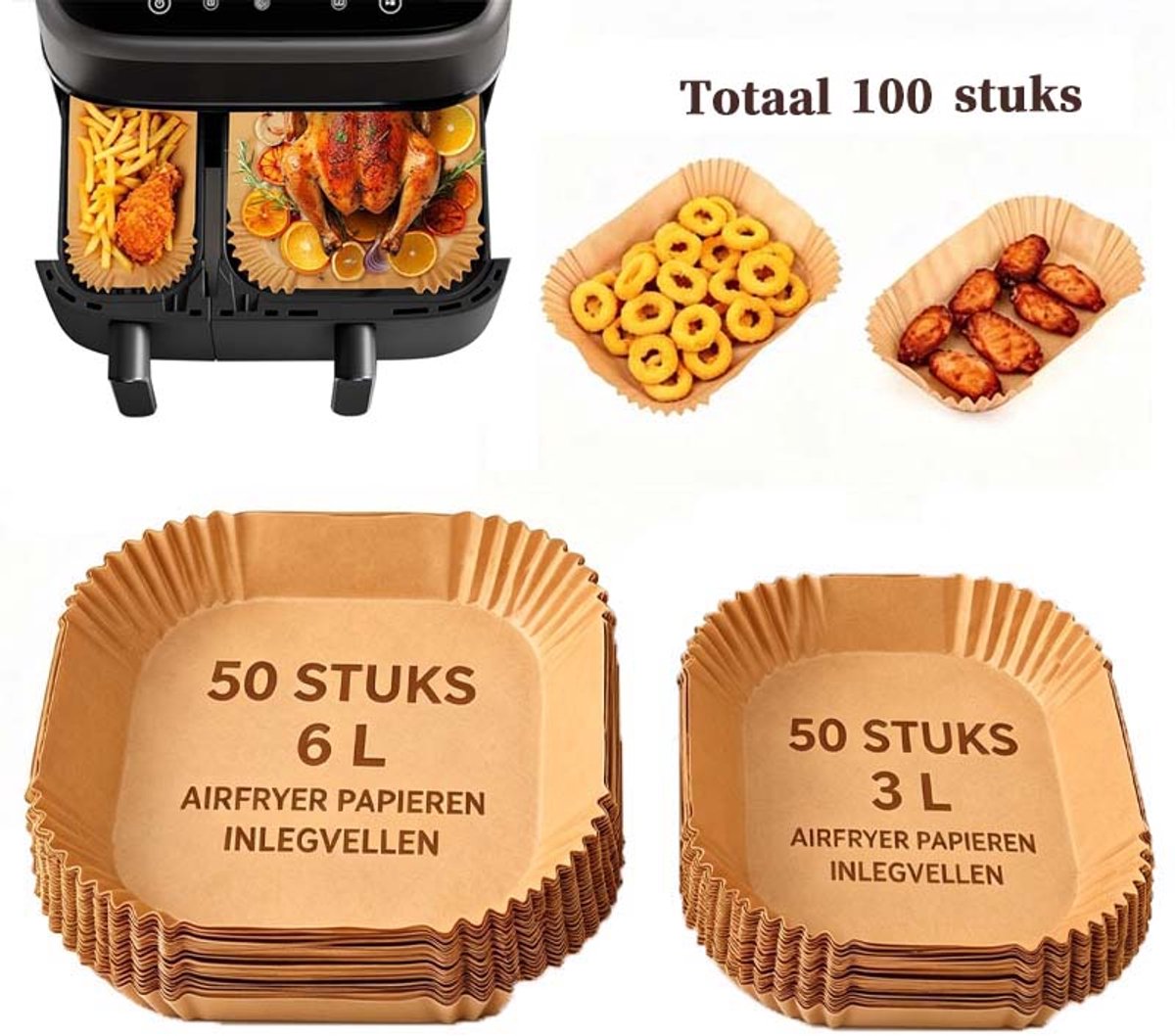 Sogiol® Airfryer Bakpapie - Airfryer Bakjes voor Philips Dual Basket Airfryer 3000/5000 serie (NA350/NA550) - 100 stuks - 6L (20x20cm) + 3L (20x10,5cm) - Vetbestendig antiaanbaklaag