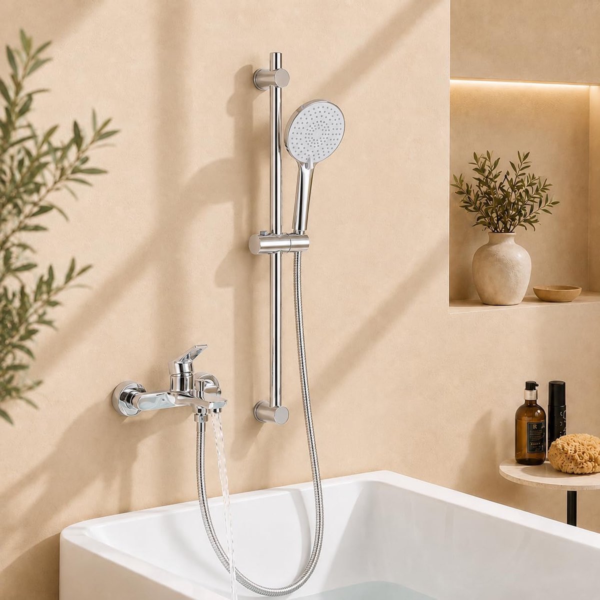 Auralum Max Opbouw Badkraan Met Handdouche en Glijstang Set - Badmengkraan - Messing Mengkraan Doucheset - met 3 Functies Handdouche - 150 mm Hartafstand - Wandmontage Badkamer - Waterbesparend - Chroom