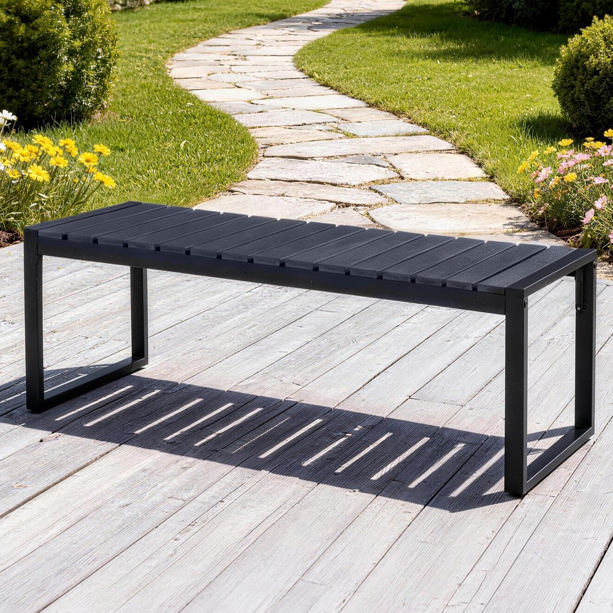 Famanu – Houten tuinbank, tuinbankje voor buiten, terrasbank, parkbankje, moderne zitbank in zwart (120 cm), ideaal voor tuin en terras