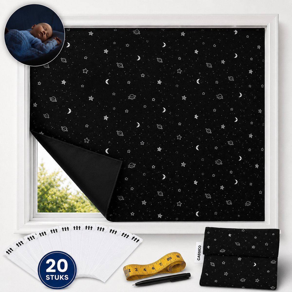 CASSICO Verduisteringsdoek met Klittenband - Zonwering Raam - 145 x 200cm - Op Maat Knipbaar - Dakraam - Schaduwdoek - Verduisterend - Raamdecoratie - Zonnewering - Verduisteringsgordijn