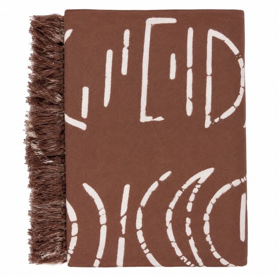 Pareo marron avec texte abstrait blanc et franges sur le côté.