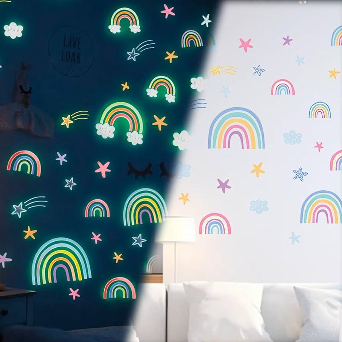 40x glow in the dark stickers - Sterren, bloemetjes en regenbogen - Plafond stickers - Sterrenhemel - Muurstickers - Lichtgevende stickers - Kinderkamer decoratie - Lichtgevend - 19x38 cm - Jonyx